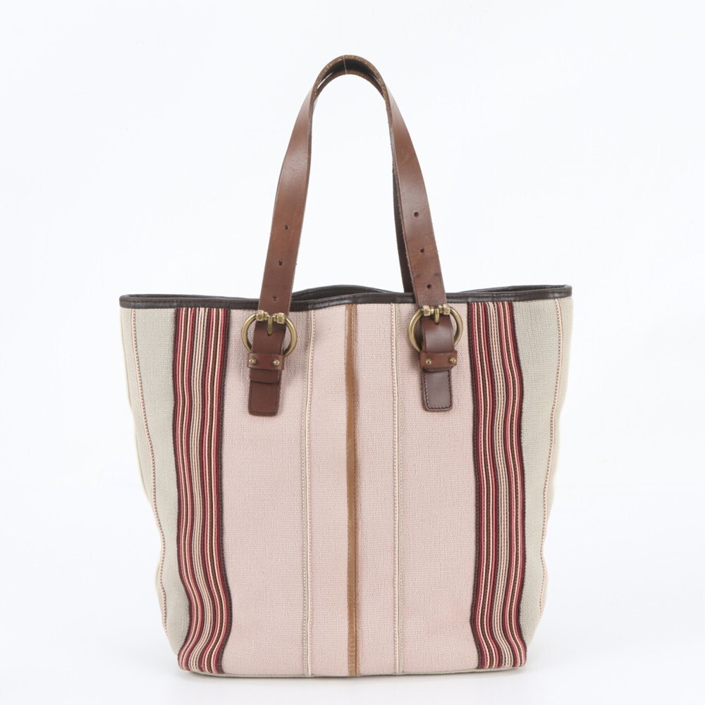 Bottega Veneta Striped Leather Canvas Tote Bag Shoulder Handbag for Women